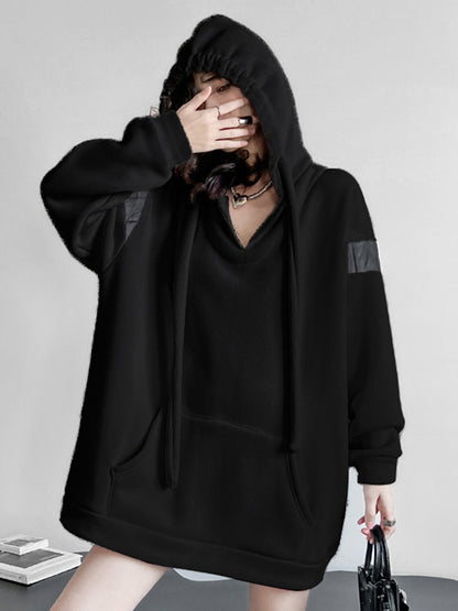 xakxx Long Sleeves Loose Contrast Color Drawstring Pockets Velvet Hoodies Tops