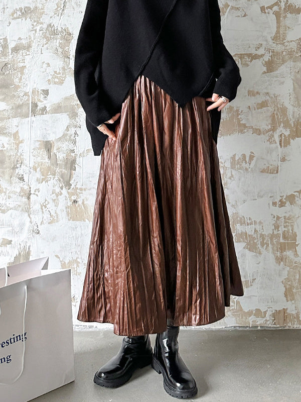 xakxx A-Line High Waisted Elasticity Pleated Solid Color Skirts Bottoms