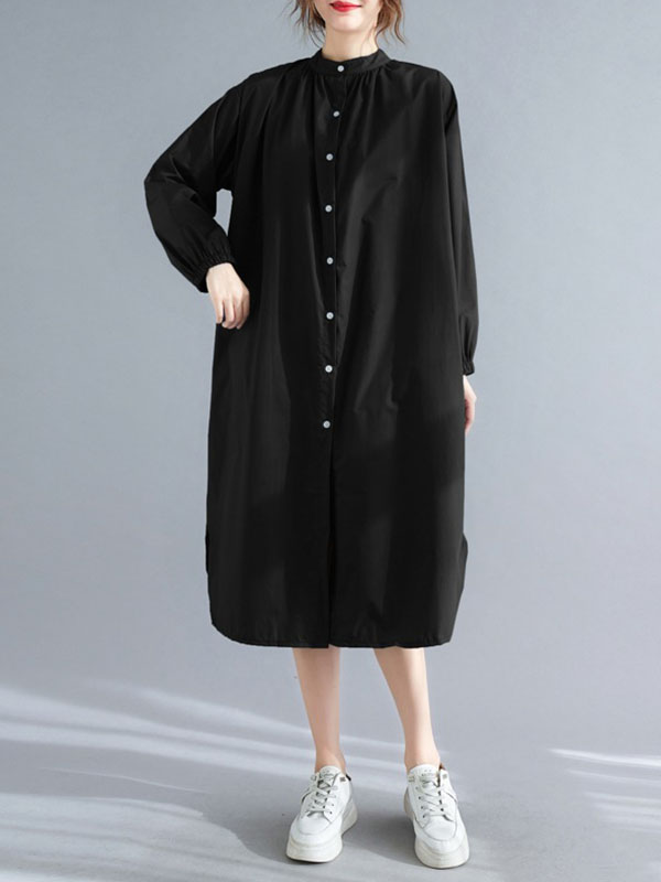 xakxx A-Line Long Sleeves Buttoned Elasticity Split-Side Mock Neck Midi Dresses Shirt Dress