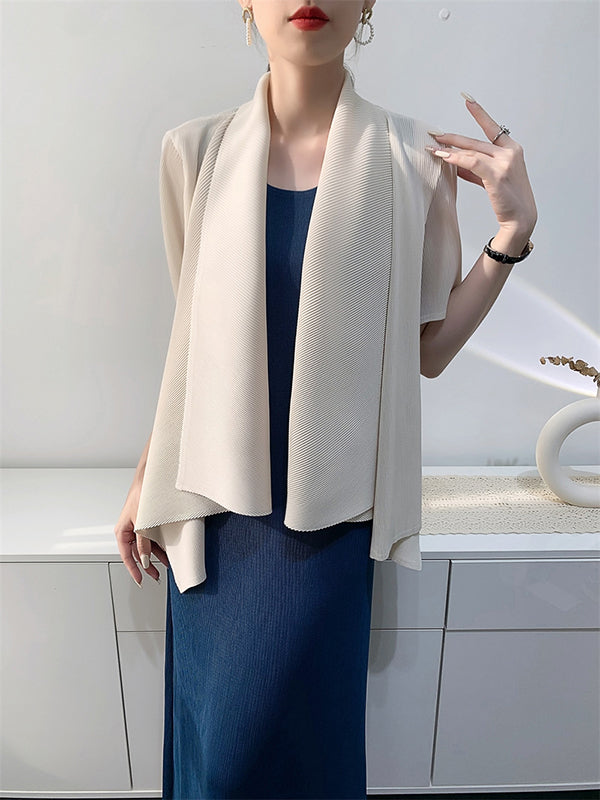 xakxx Loose Short Sleeves Pleated Solid Color Collarless Outerwear