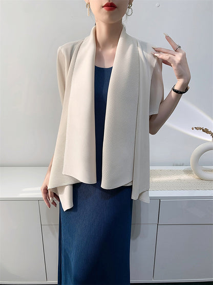 xakxx Loose Short Sleeves Pleated Solid Color Collarless Outerwear