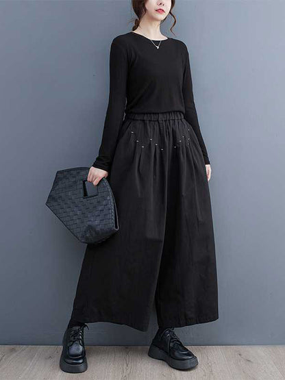 xakxx Loose Wide Leg Elasticity Embroidered Pleated Ninth Pants Trousers