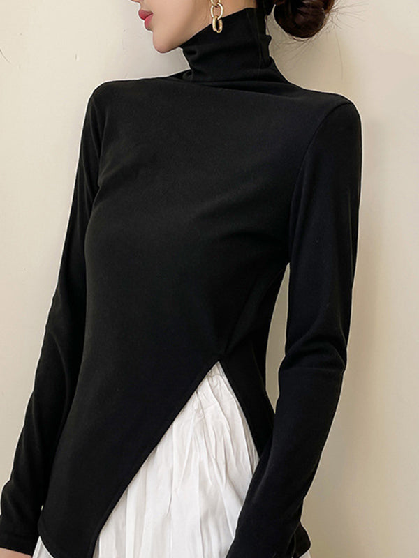 xakxx Casual Skinny Long Sleeves Split-Side Solid Color High-Neck T-Shirts Tops