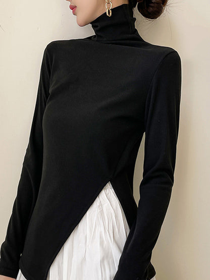 xakxx Casual Skinny Long Sleeves Split-Side Solid Color High-Neck T-Shirts Tops