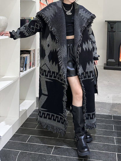 xakxx Long Sleeves Loose Contrast Color Tasseled Lapel Cardigan Coats