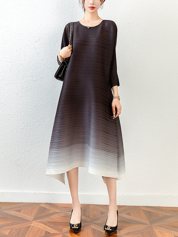 xakxx Original Long Sleeves Loose Pleated Gradient Round-Neck Midi Dresses