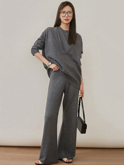 xakxx xakxx-Urban Loose Solid Round-Neck Vest Top& V-Neck Sweater Tops& Wide Leg Pants Three-Piece Set
