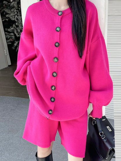 xakxx Long Sleeves Loose Buttoned Round-Neck Sweater Top + Drawstring Shorts Bottom Two Pieces Set