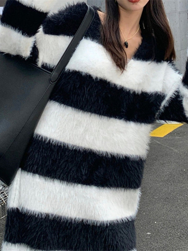 xakxx Long Sleeves Loose Striped V-Neck Knit Dresses Midi Dresses