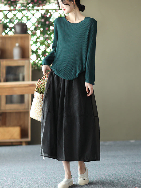 xakxx Simple Loose Solid Color Split-Joint Bubble Skirt