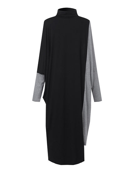 xakxx Casual Loose Split-Joint Contrast Color High-Neck Long Sleeves Dress