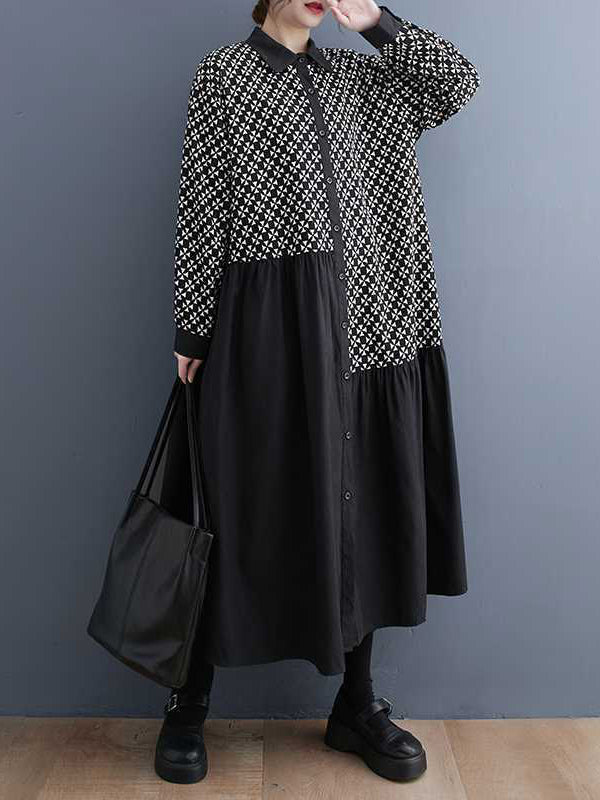xakxx A-Line Long Sleeves Asymmetric Buttoned Pleated Printed Split-Joint Lapel Midi Dresses