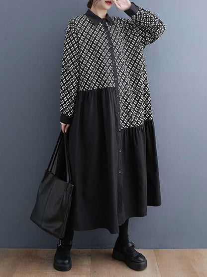 xakxx A-Line Long Sleeves Asymmetric Buttoned Pleated Printed Split-Joint Lapel Midi Dresses