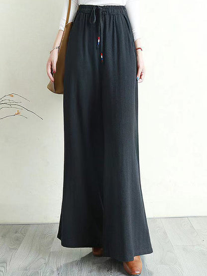xakxx Artistic Ramie Cotton Drawstring Elasticity Loose Wide-Leg Pants
