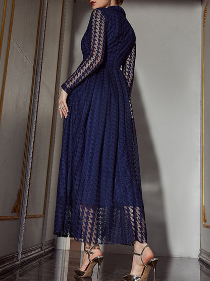 xakxx High Waisted Long Sleeves Buttoned Gauze See-Through Solid Color V-Neck Maxi Dresses