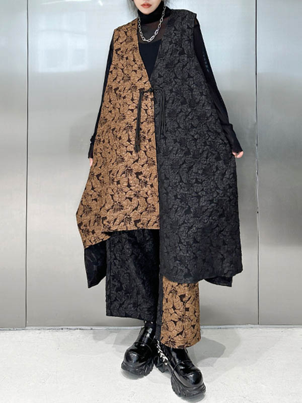 xakxx A-Line High-Low Asymmetric Contrast Color Jacquard Vest Top + Elasticity Pants Bottom Two Pieces Set