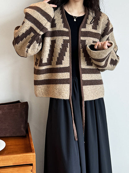 xakxx Long Sleeves Loose Contrast Color Printed Collarless Cardigan Tops