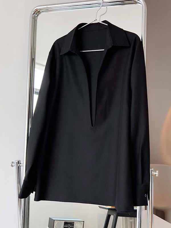 xakxx Long Sleeves Loose Solid Color Lapel Blouses