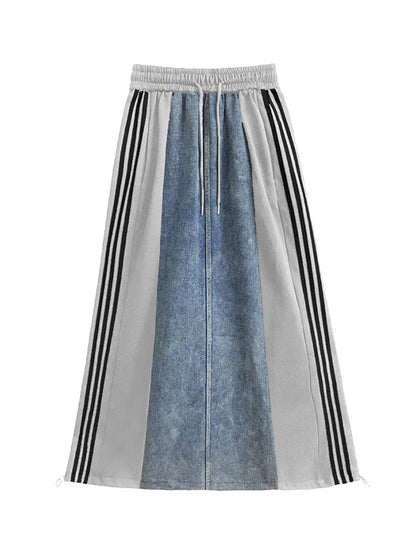 xakxx A-Line Loose Contrast Color Drawstring Split-Joint Striped Skirts Bottoms