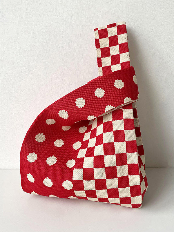 xakxx Contrast Color Plaid Polka-Dot Woven Handbag