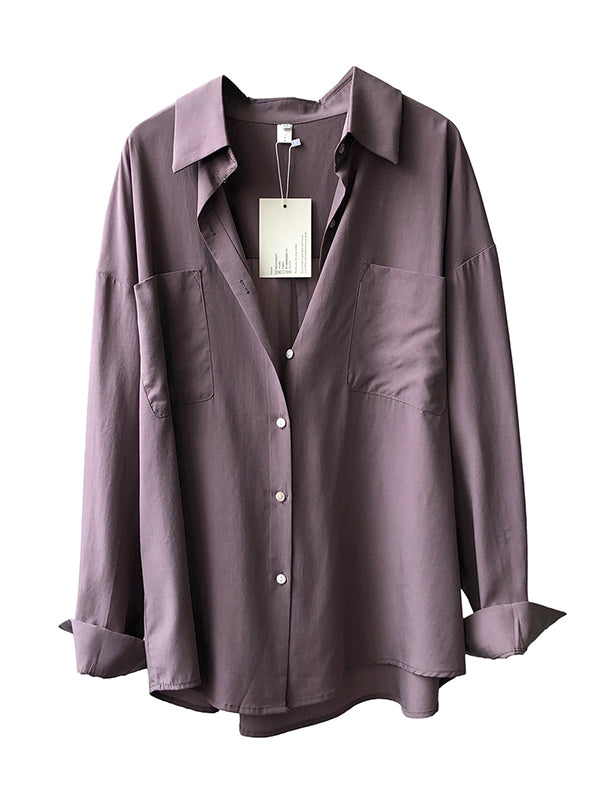 xakxx Vintage Long Sleeves Loose Solid Color Lapel Collar Blouses