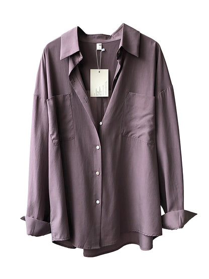 xakxx Vintage Long Sleeves Loose Solid Color Lapel Collar Blouses