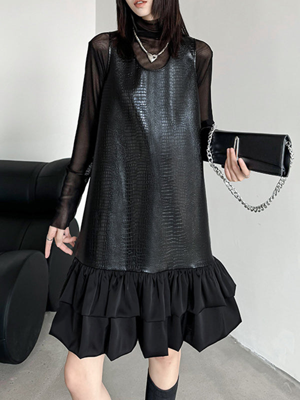 xakxx A-Line Loose Pleated Split-Joint U-Neck Mini Dresses