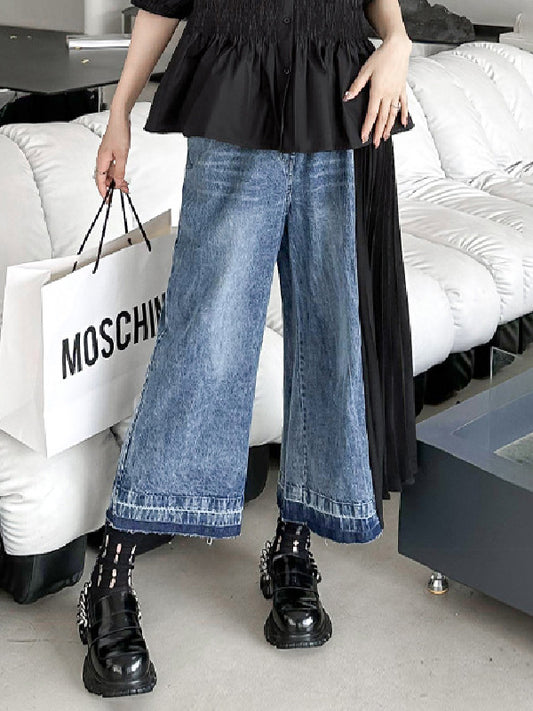 xakxx Loose Ninth Pants Contrast Color Pleated Split-Joint Jean Pants Bottoms