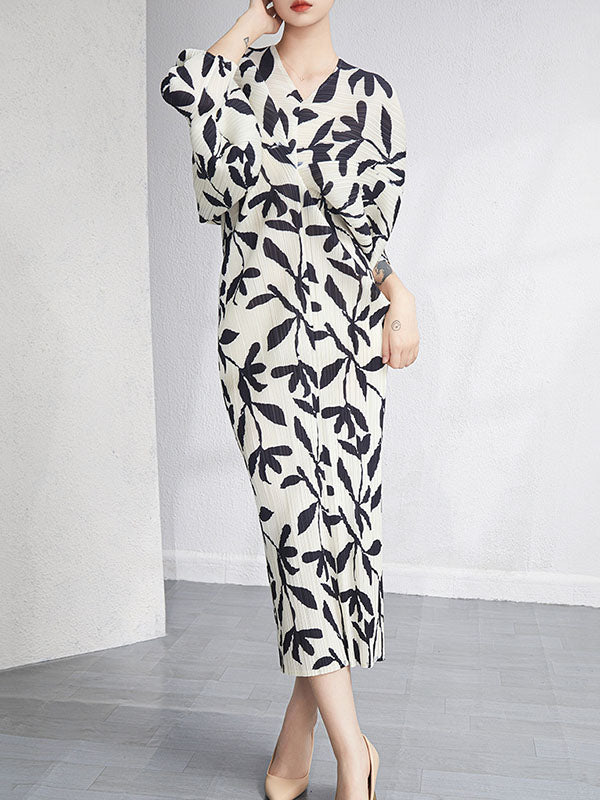 xakxx Urban Loose Batwing Sleeves Printed Pleated V-Neck Midi Dresses