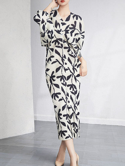 xakxx Urban Loose Batwing Sleeves Printed Pleated V-Neck Midi Dresses