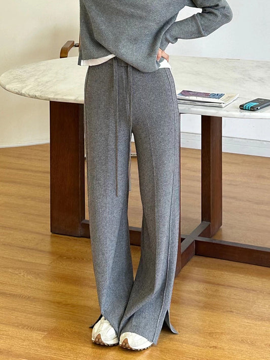 xakxx High Waisted Loose Drawstring Solid Color Split-Side Velvet Pants Trousers