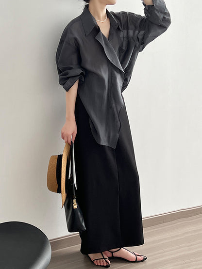 xakxx Irregular Clipping Long Sleeves Solid Color Lapel Blouses&Shirts Tops