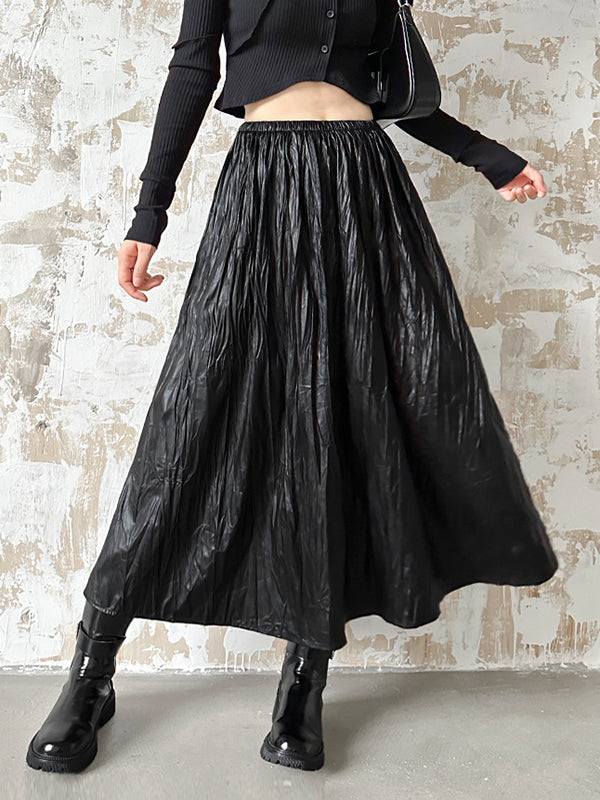 xakxx A-Line High Waisted Elasticity Pleated Solid Color Skirts Bottoms