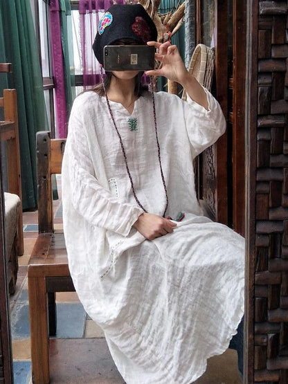 xakxx 100% Linen Manual Embroidered Long Dress