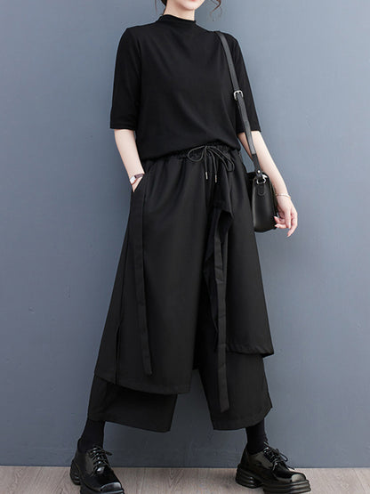 xakxx Wide Leg Loose Drawstring Solid Color Casual Pants Bottoms Culotte