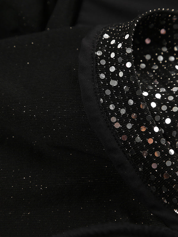 xakxx Long Sleeves Skinny Sequined Split-Joint Round-Neck T-Shirts