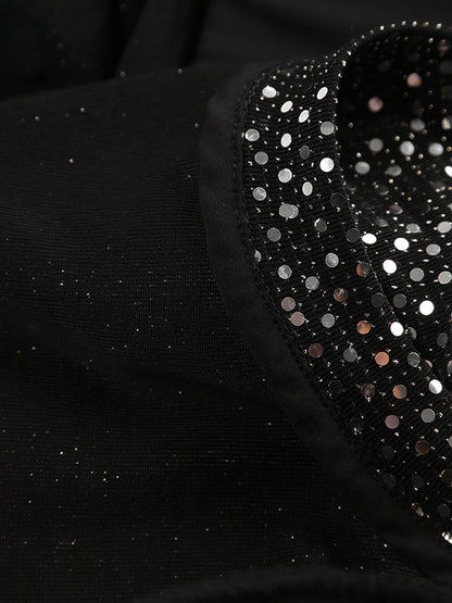 xakxx Long Sleeves Skinny Sequined Split-Joint Round-Neck T-Shirts