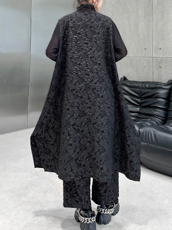 xakxx A-Line High-Low Asymmetric Contrast Color Jacquard Vest Top + Elasticity Pants Bottom Two Pieces Set