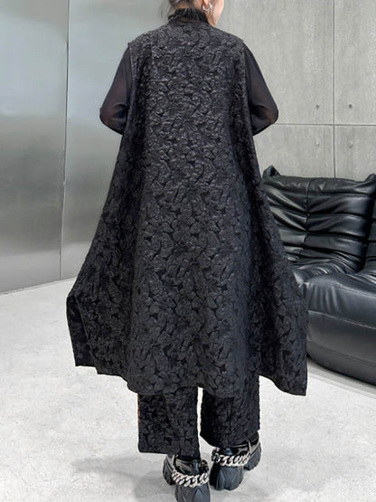 xakxx A-Line High-Low Asymmetric Contrast Color Jacquard Vest Top + Elasticity Pants Bottom Two Pieces Set