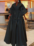xakxx High Waisted Puff Sleeves Falbala Solid Color V-Neck Maxi Dresses