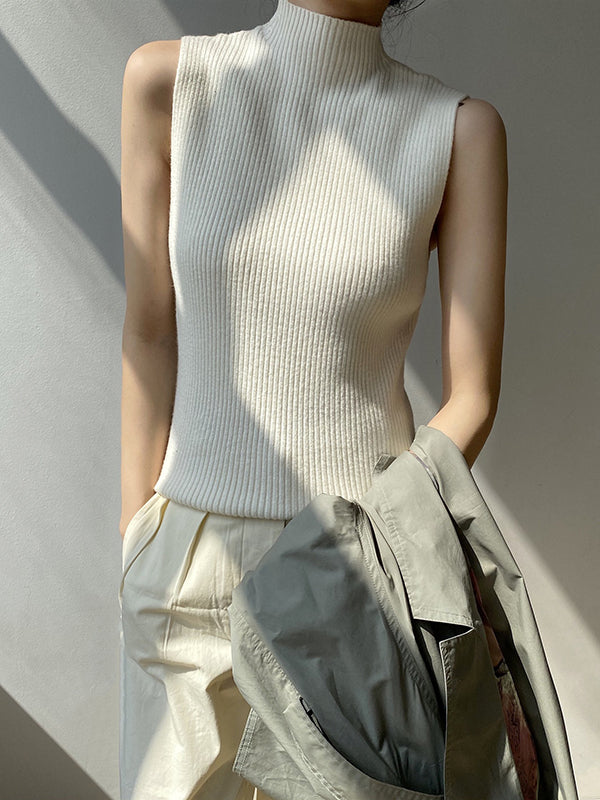 xakxx Skinny Sleeveless Solid Color High-Neck Knitwear Vest Top