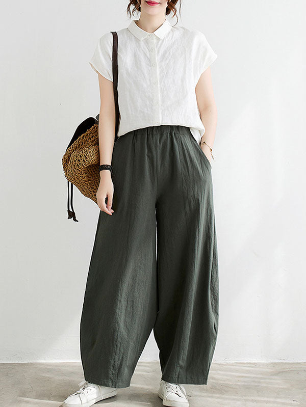 xakxx Wide Leg Loose Elasticity Solid Color Casual Pants Bottoms