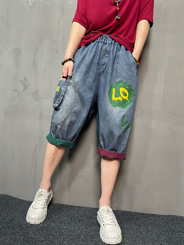 xakxx Harem Pants Loose Elasticity Printed Split-Joint Jean Pants Bottoms