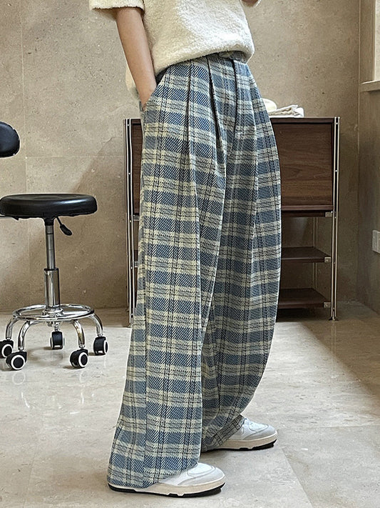 xakxx Vintage Wide Leg High-Waisted Pleated Plaid Pants