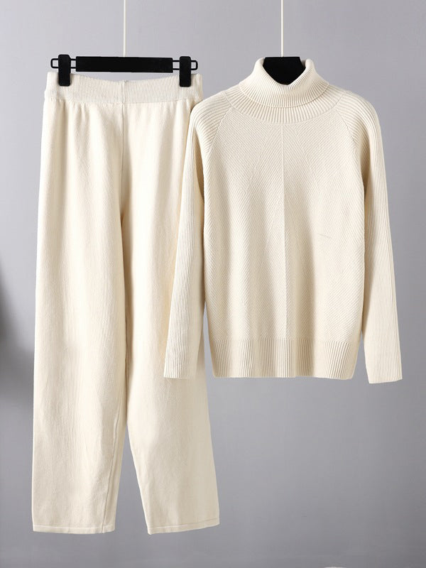 xakxx Urban Long Sleeves Loose Solid Half Turtleneck Sweater Tops & Wide Leg Pants Two Pieces Set