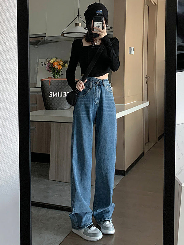 xakxx Casual High Waisted Denim Wide Leg Jean Pants