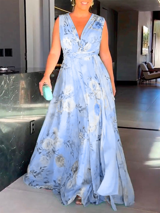 xakxx Stylish Floral Printed Split-Side V-Neck Maxi Dresses