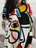 xakxx Long Sleeves Loose Abstract Printed Contrast Color Figure Printed Round-Neck T-Shirts Tops