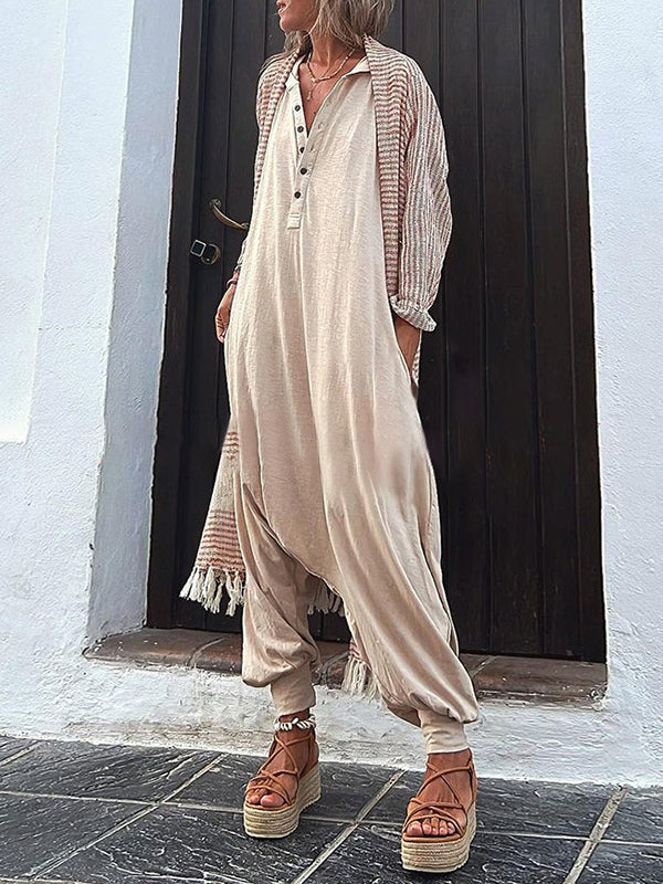 xakxx Loose Sleeveless Buttoned V-Neck Jumpsuits