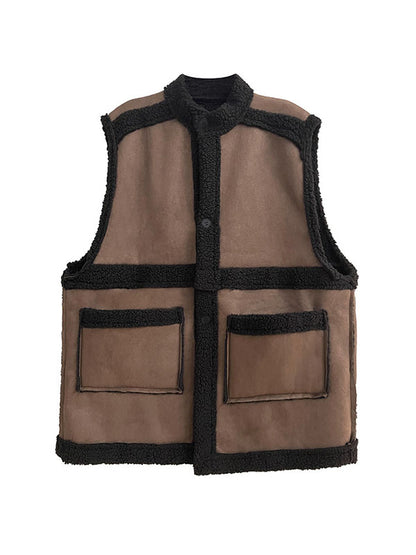 xakxx Loose Sleeveless Buttoned Contrast Color Pockets Reversible Velvet Stand Collar Vest Outerwear